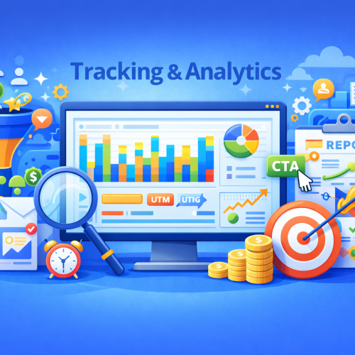 Ilustrasi tracking dan analytics yang menampilkan dashboard data, grafik performa, UTM, funnel konversi, dan pelacakan klik CTA untuk pengambilan keputusan berbasis data.