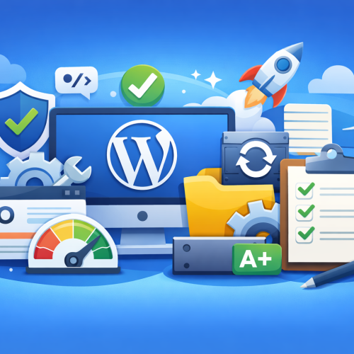 Ilustrasi WordPress Essentials yang menampilkan dashboard WordPress, tools SEO, indikator performa, keamanan website, plugin inti, dan workflow pengelolaan situs untuk bisnis online.